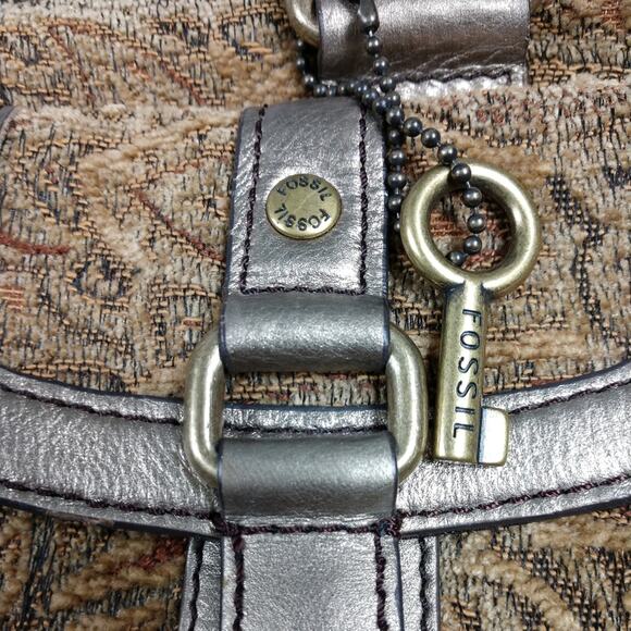 Fossil Tan Tapestry & Gold Leather Trim Satchel - Picture 7 of 12